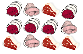 Illustration showing 12 large cut meat samples suitable for testing.